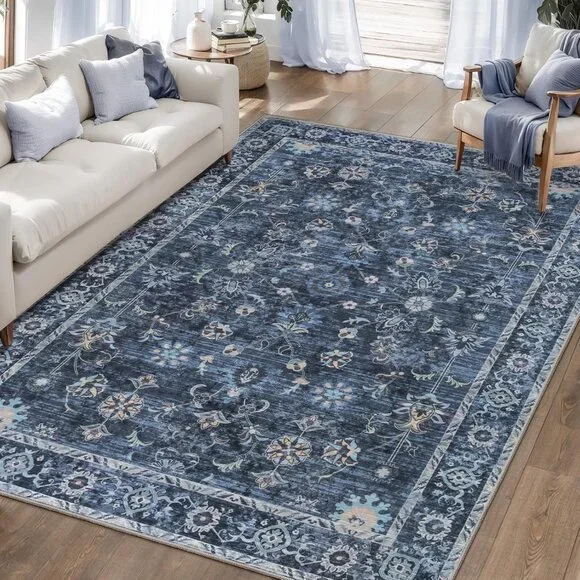 5x7 Blue Area Rug for Bedroom Living Room, Washable Vintage Floral Rug Non Slip, - Picture 1 of 9